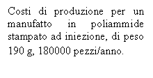 Casella di testo: Costi di produzione per un manufatto in poliammide stampato ad iniezione, di peso 190 g, 180000 pezzi/anno.